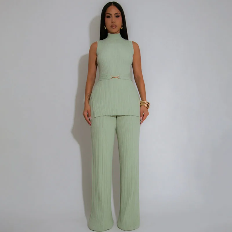 

Doyerl Solid Ribbed Knitted 2 Piece Set Woman Clothes Elegant Sleeveless Top and Straight Pants Suit Club Outfit Ensemble Femme
