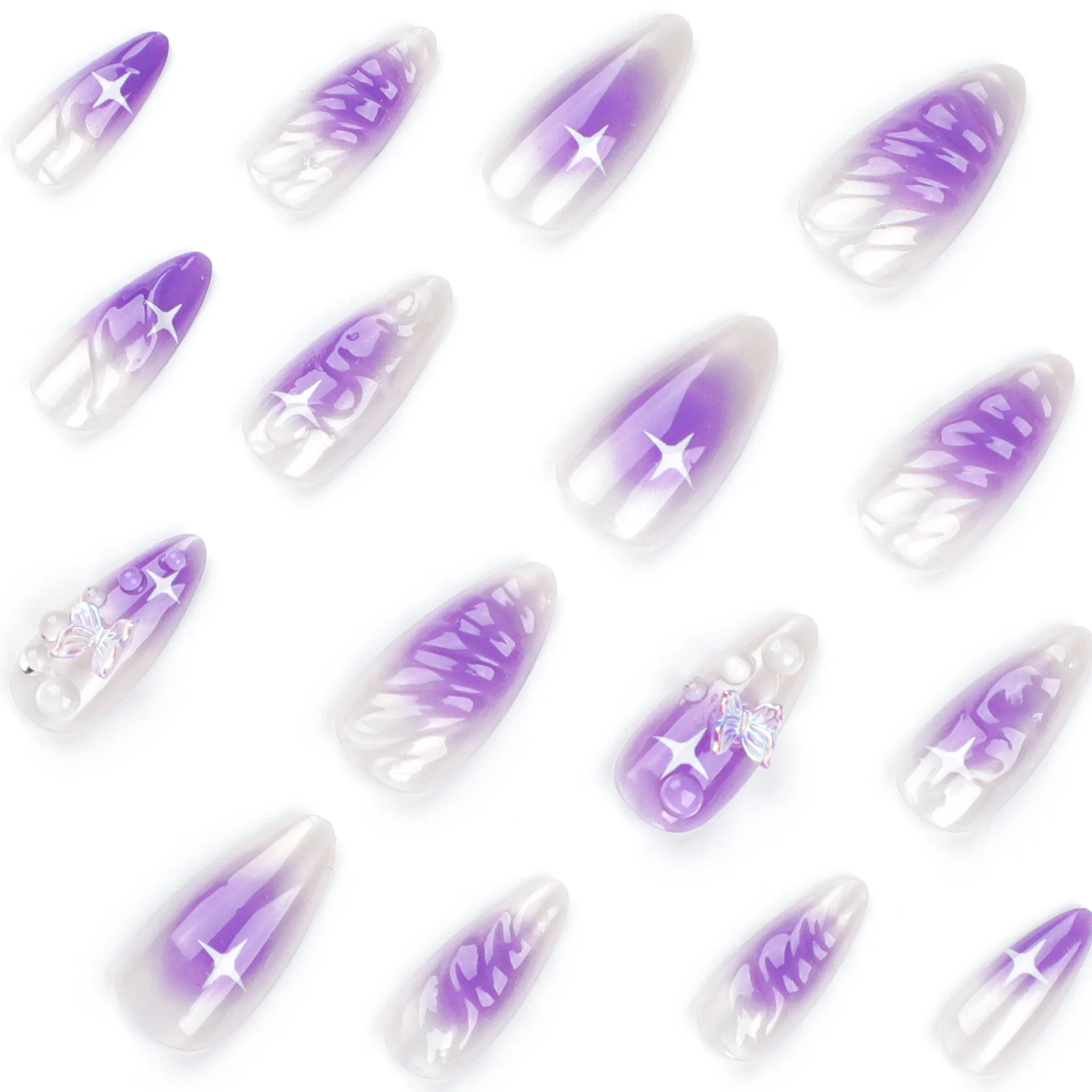 Pressione as unhas postiças da borboleta, Amêndoa, Roxo, Blush False Nails, 3D Butterfly Star, Swirl Nail Design, Cola brilhante na unha