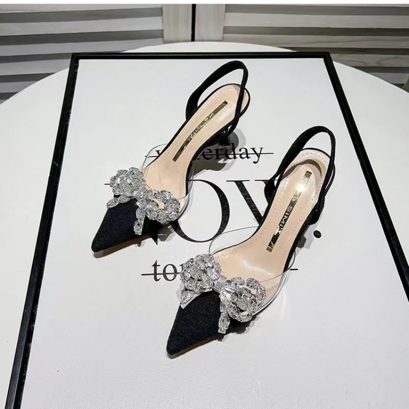 Summer 2024 Stiletto Sandals for Women Thin Heels Ladies Shoes Clear Footwear Black Transparent Bow Pointed Toe Closed Sale Vip