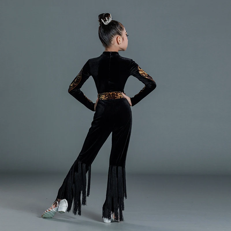 Vêtements de danse latine d'hiver pour enfants, hauts en velours noir pour filles, pantalons à glands, costume Cha Cha, vêtements d'entraînement de danse