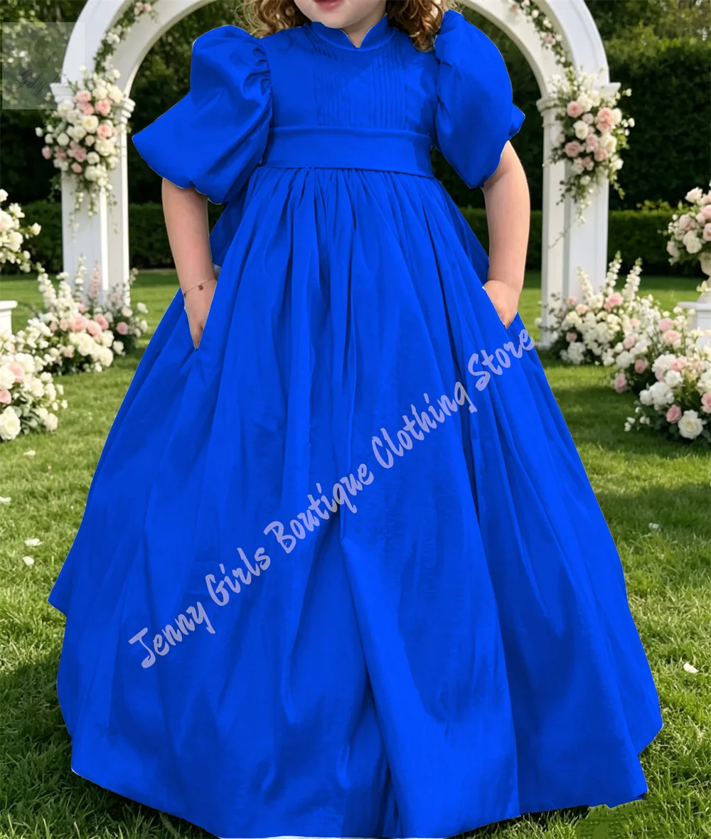 High Split Neck Flower Girl Dress for Wedding Pleats Princess Customizable Gowns Puffy Sleeve Bridesmaid Beauty Pageant Gown