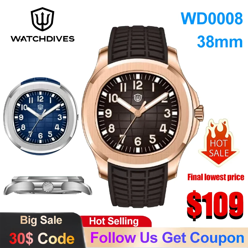 Watchdives WD008 Quartz Watch VH31 Sweep Movement Men's Watch Sapphire Crystal Super Luminova Blue BGW9 10Bar Diving Watches