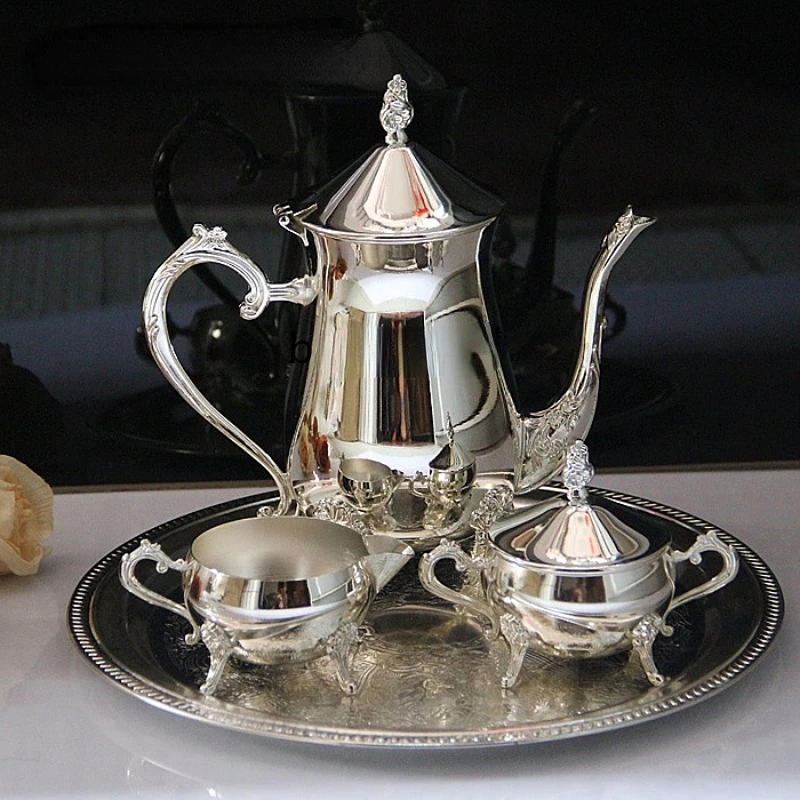 

zqEuropean High-End Classic Silver Coffee Pot Set Four-Piece Set Decorative Crafts