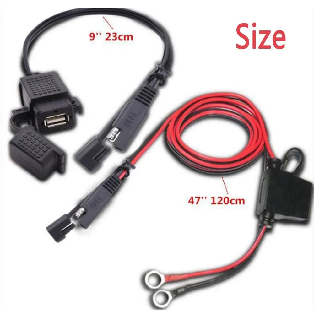 Black Charger Cable Adapter 2.1A 12V Ring Terminal Cable Harness Waterproof Dustproof Motorcycle SAE To USB Cable Adaptor Phone