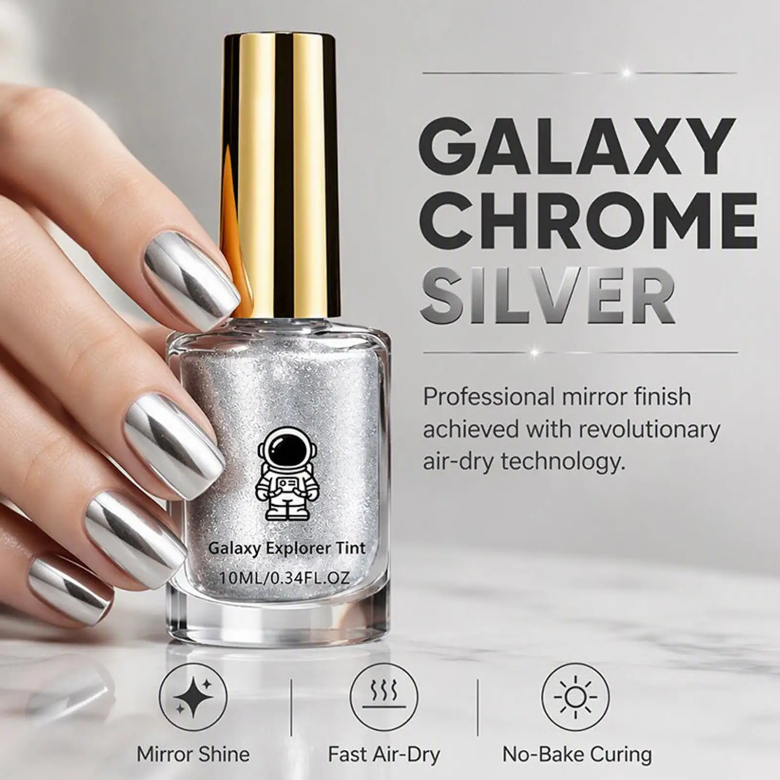 10ml Silver metallics Nail Polish Quick-Drying No UV Lamp Required Mirror-Like Finish Chrome Silver Nail Polish Mirror Effect