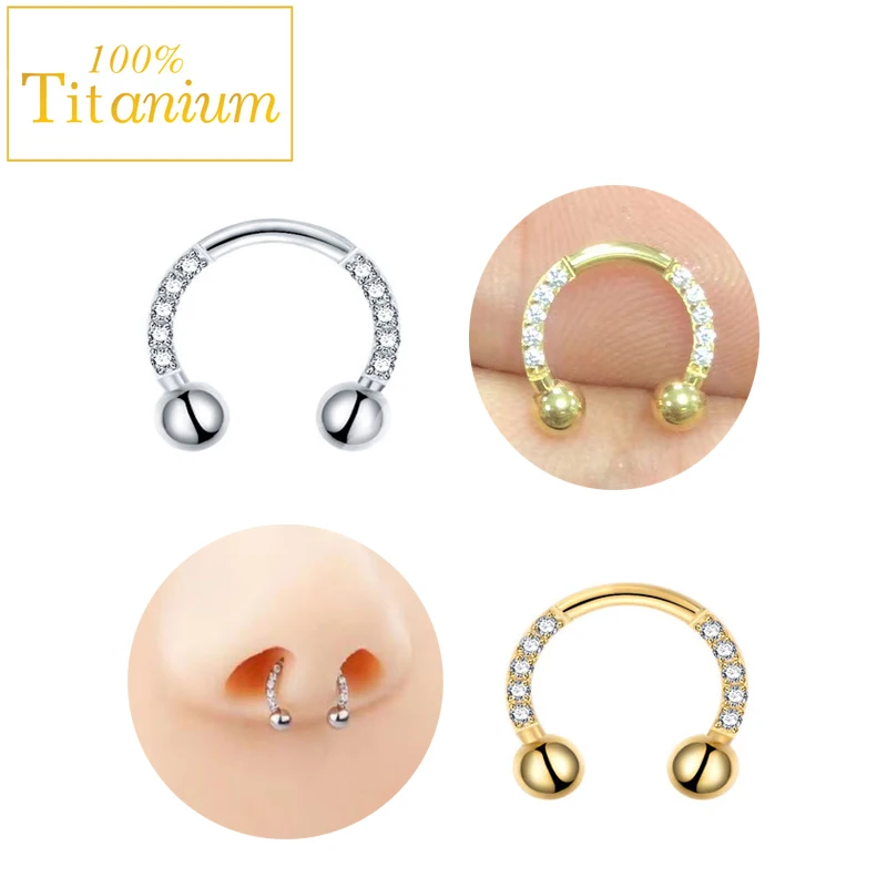 G23 Titanium Nose Ring Circular Barbells Horseshoe Earrings 16G Zircon Septum Piercing Ear Helix Hoop Fashion Women Body Jewelry