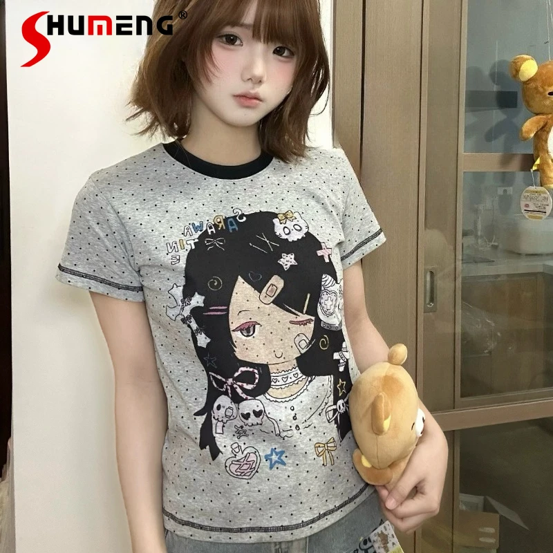 

Оригинальная футболка в японском стиле с мультяшным аниме-принтом в горошек, новая летняя одежда, милые топы с короткими рукавами для девочек-студенток в стиле кавайи