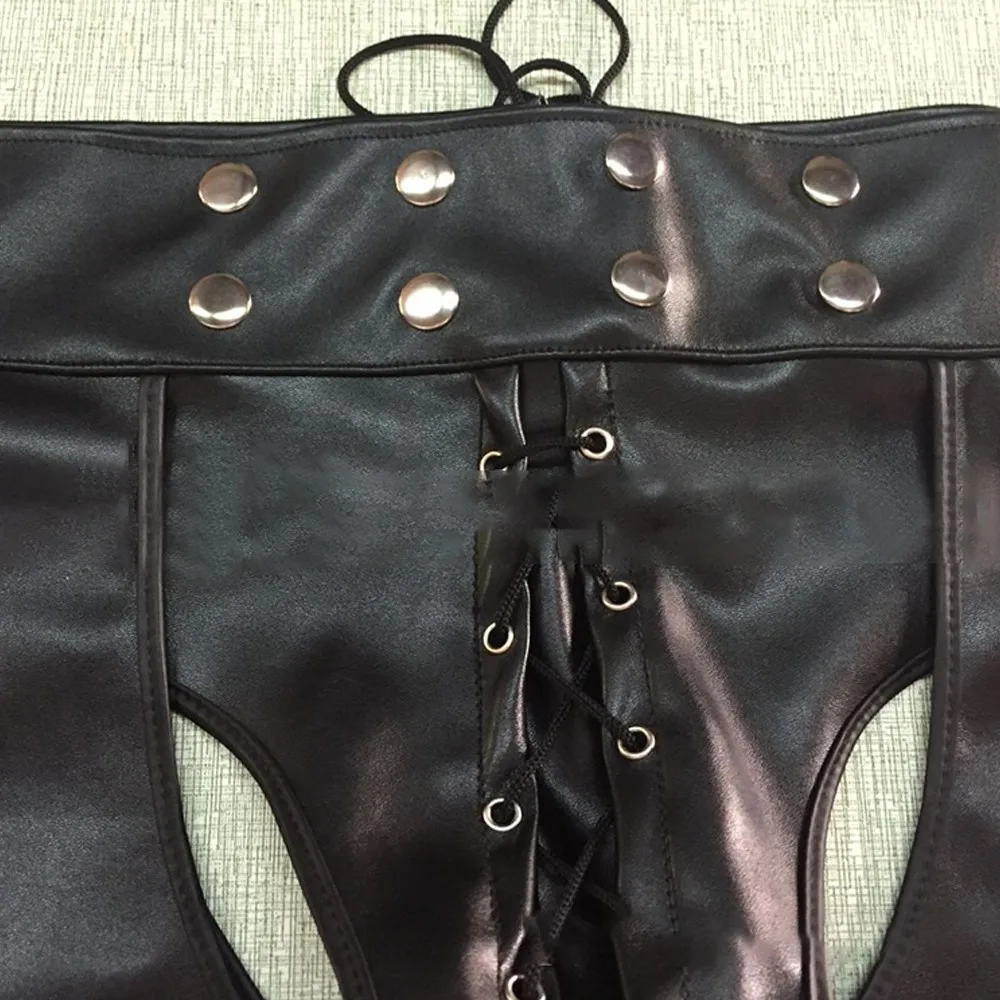 Open Cortch Shorts Men Leather Wet Look Skinny Nightclub Wear Lace Up Fetish Short Pants Sexy Lingerie Gay Punk Costumes