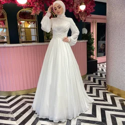 Customized Muslim High Collar A-line Wedding Dresses Ruffle Satin Full Brideing Gown Applique Draped Pleat robe de mariée 2025