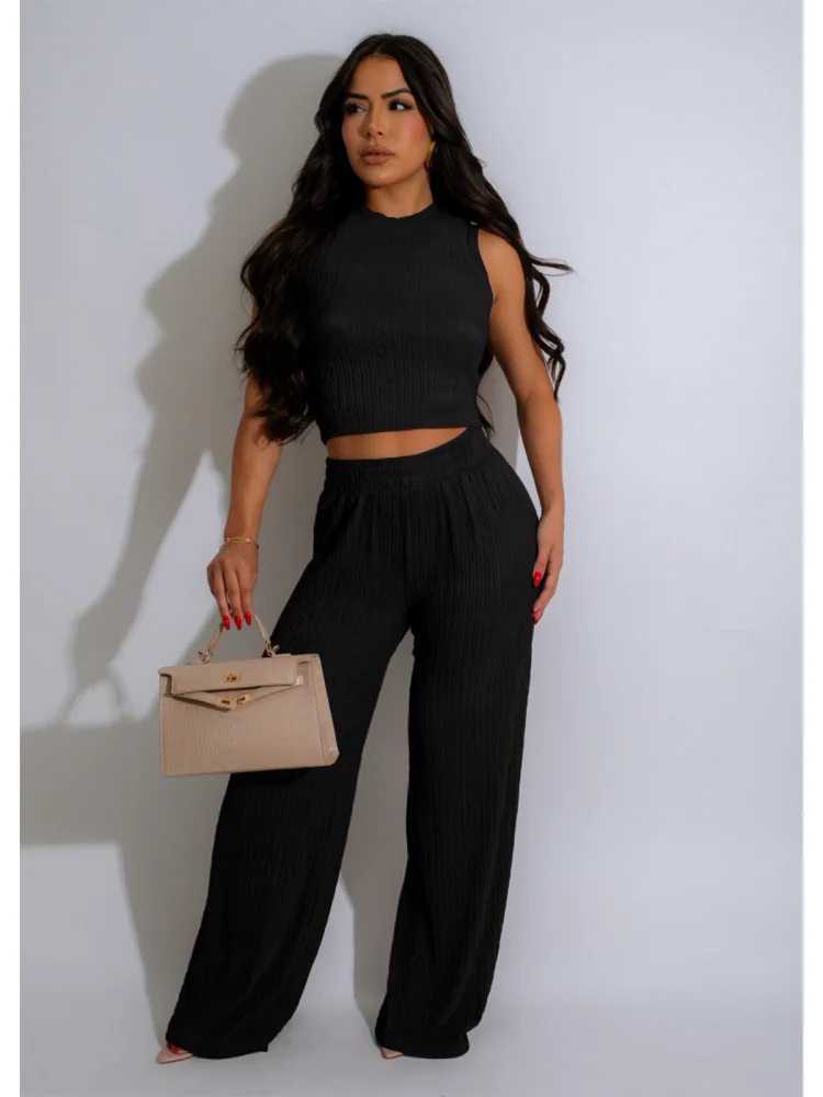 

Sister Star Comfortable Stretch Solid Color Pressed Wrinkle Loose Sleeveless Wide Leg Pants Temperament Commuter Two-piece Set