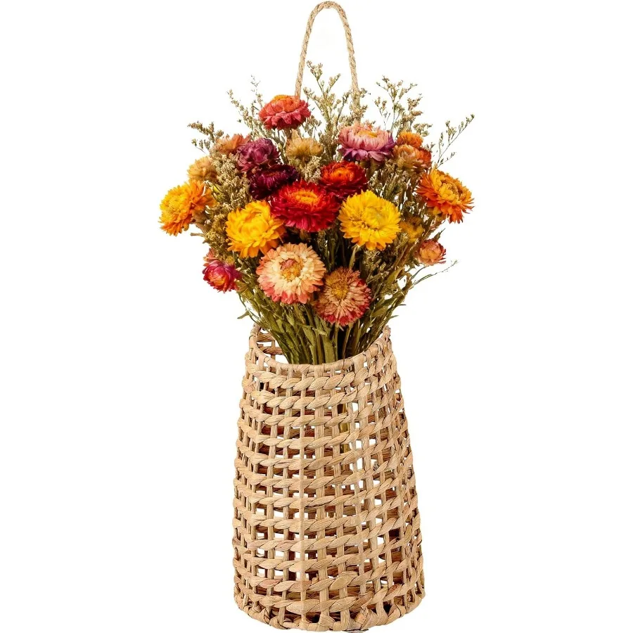 

Woven Wall Hanging Basket for Front Door Open Weave Water Hyacinth Storage Basket with Pocket Design Decorative Boho Mounted Or