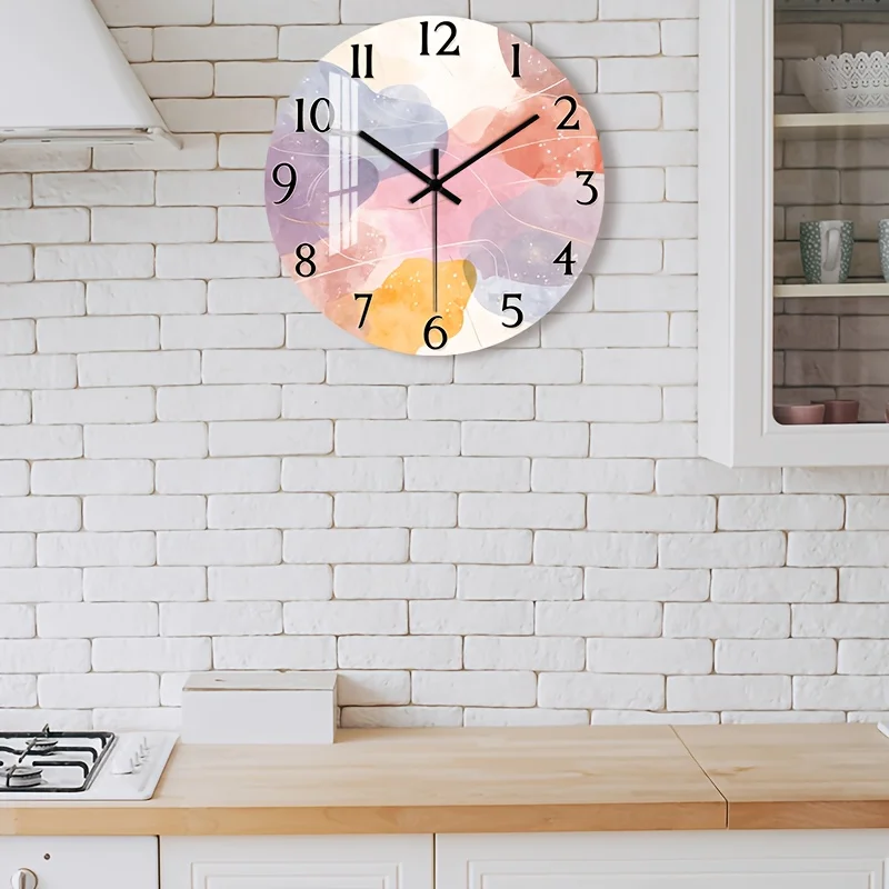 1pc 2D Flat Wall Clock Non-Ticking Wooden, Circular Clock HD Glossy Lamination Finish Abstract Watercolor Shapes with Golden Accents Design for Living Room, Kitchen, Office, Closet Wall, Guest Room 25.4cm 30.48cm 35.56cm 40.64cm (No Battery), 2D Flat