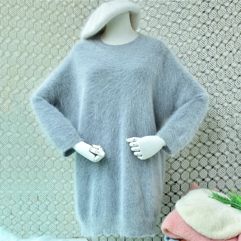 Ladies Women Autumn Winter Fashion Gray Hairy Angora Rabbit Hair Knitted Long Sleeves Loose Medium Long Sweater Jumper Dress Top