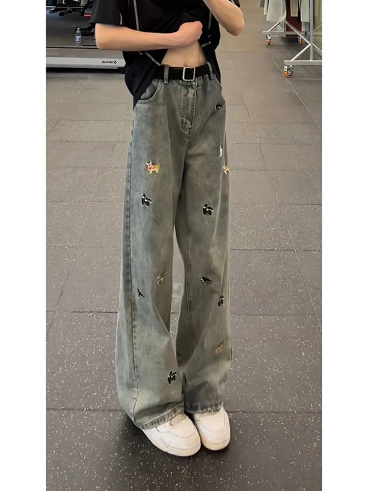

Cartoon Dog Embroidery Waed Men's Jeans American High Street CleanFit Vintage Straight Floor-Length Loose Fit Casual Jeans