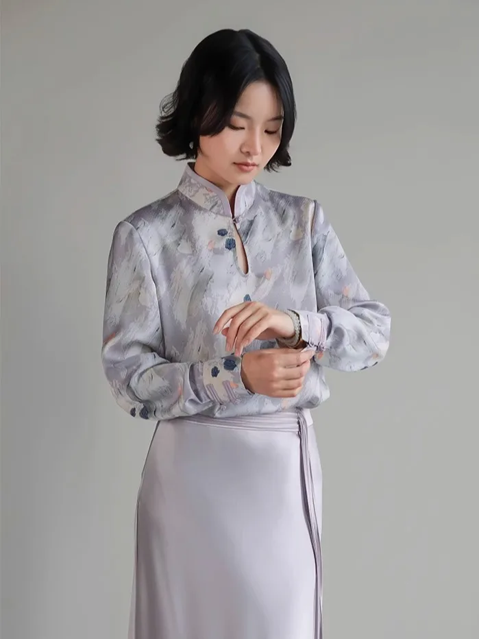 

New Chinese Sle Monet Purple Floral Print irt Stand Collar Waterdrop Ne Loose Fit Breathable Spring Summer Women's irt