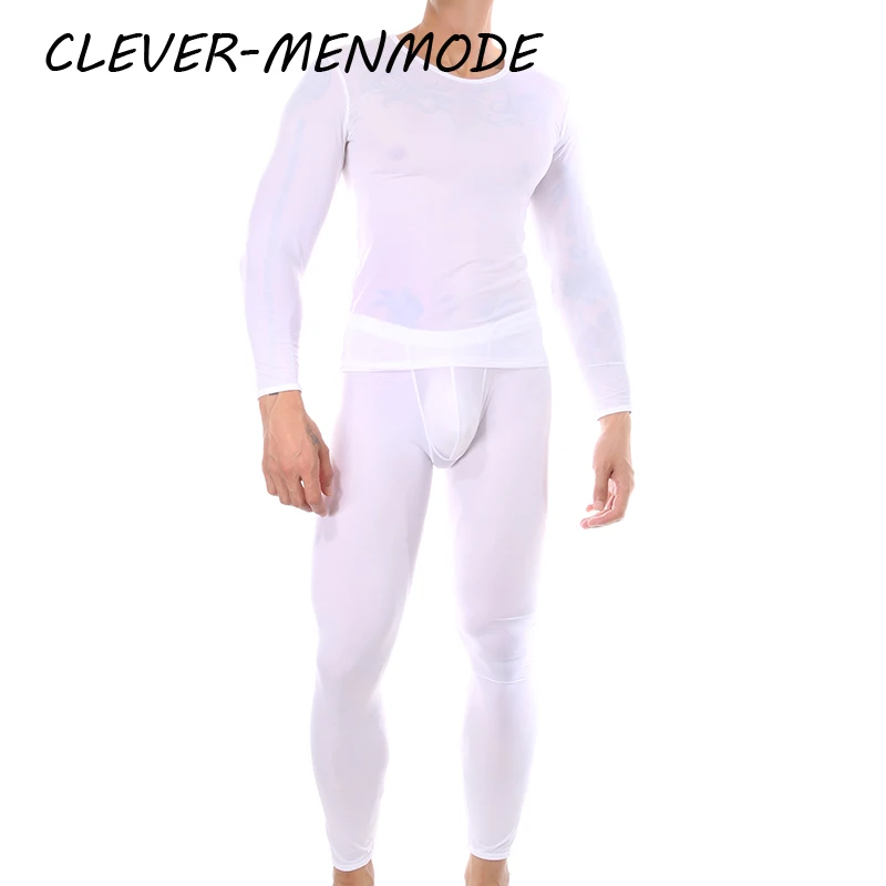 Pria Long Johns Thermal Underwear Bulge Pouch Menjaga Celana Hangat Bernapas Pria Kasual Musim Gugur Musim Dingin Pakaian Tidur Piyama Set 2 Pcs