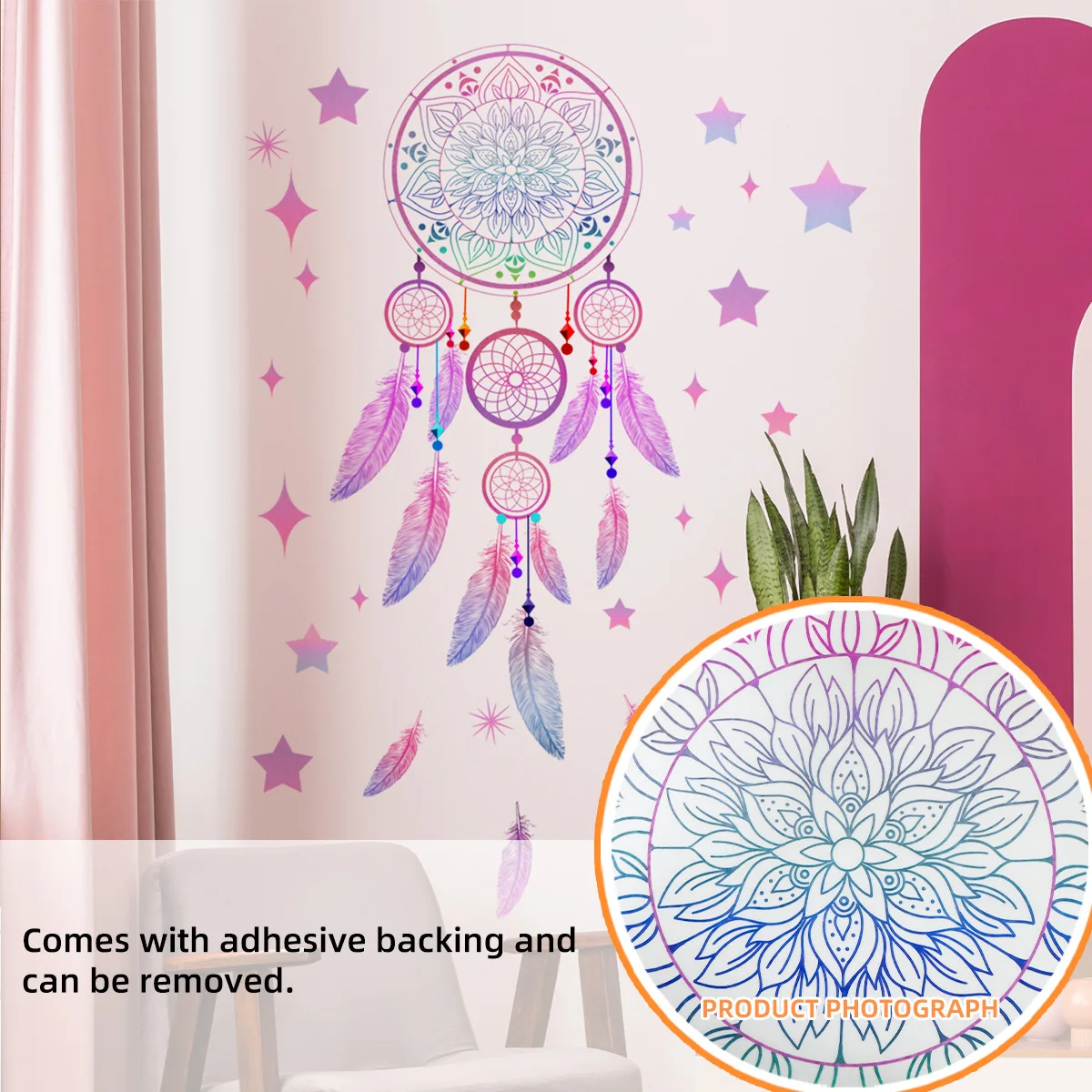 Pink Mandala Dream Catcher Wall Stickers Lucky Feather Dreamcatcher Vinyl Wallpaper for Bedroom Living Room Home Wall Decoration