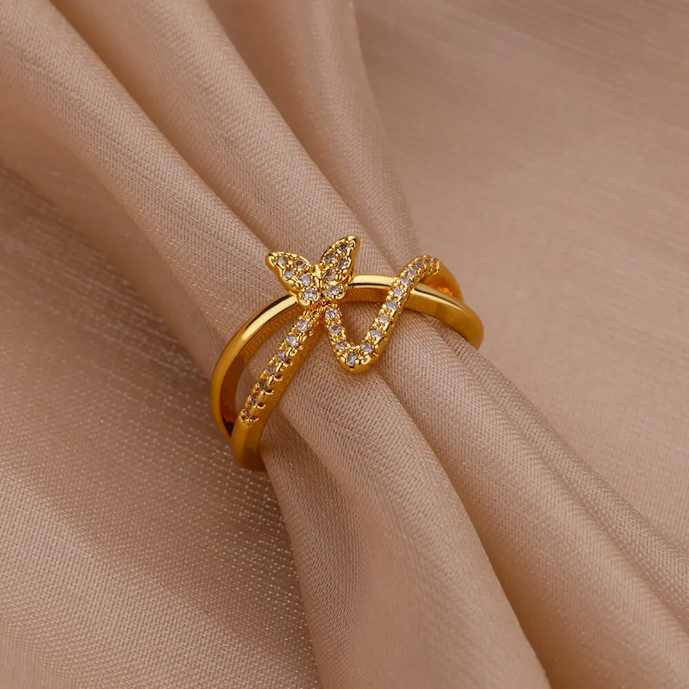

Gold color Stainless Steel Hollow out Ring For Women Fashion butterfly Adjustable Open End Ring Wedding Party Jewelry Gift