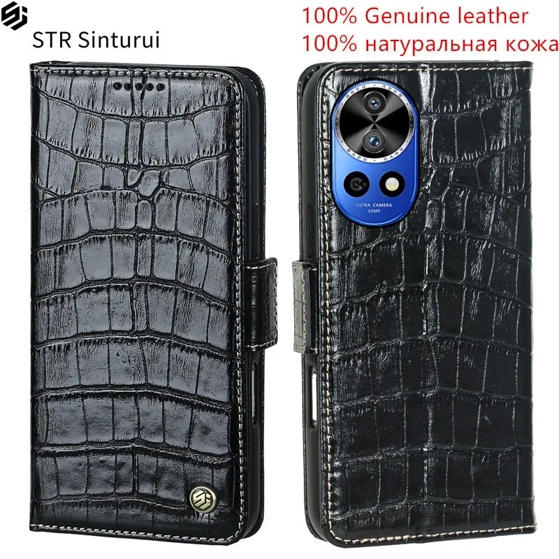 

STR Real leather crocodile grain card Slot Wallet Cover For Huawei nova 12 12i 12s 11 Ultra 10 Pro SE 10Z shockproof phone Case