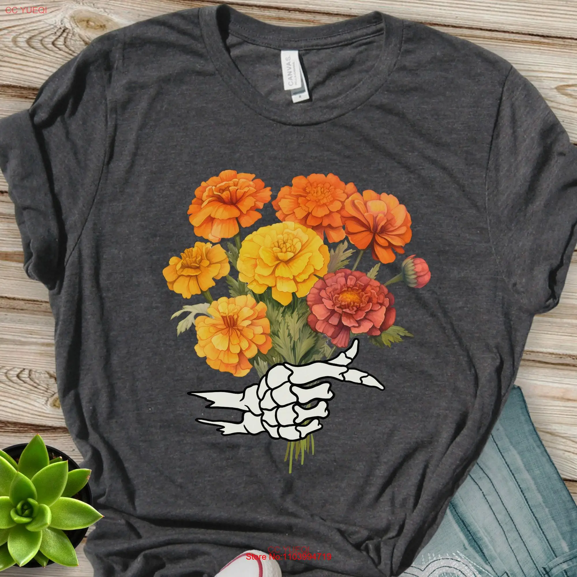 Cmpasúchil-Camiseta de calaveras de Halloween, ramo de calaveras, Día de los muertos, flores de octubre, manga larga o corta