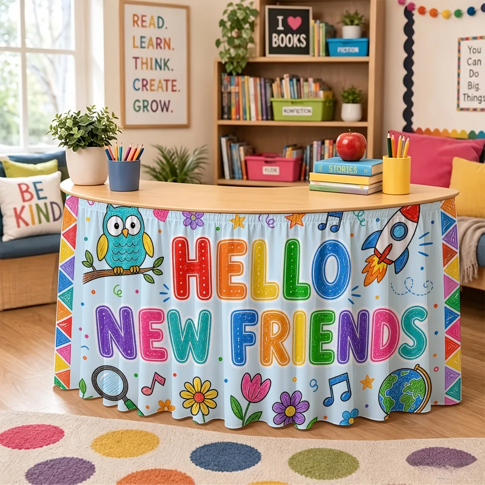 1PC party table skirt, meet new friends theme print elements, parrots, daisies, rocket elements