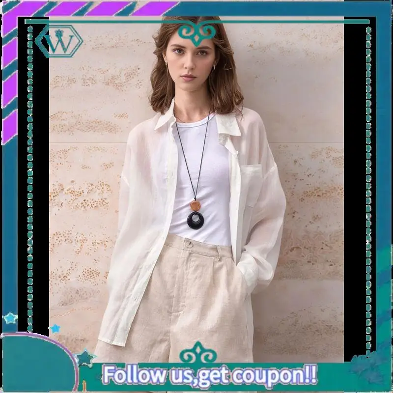 A09P Womens Button Down Shirts Long Sleeve Ramie Gauze Tops Casual Collared Blouses Loose Fit