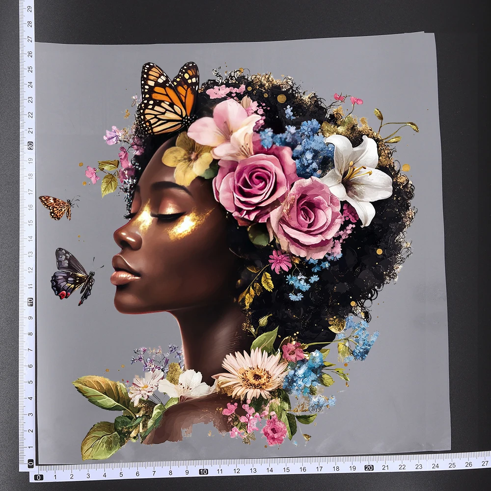 25CM Black Queen Girl Butterfly Flowers Heat Transfer Patches For Clothes DIY A-Level Washable Shirt Iron-on Thermal Stickers
