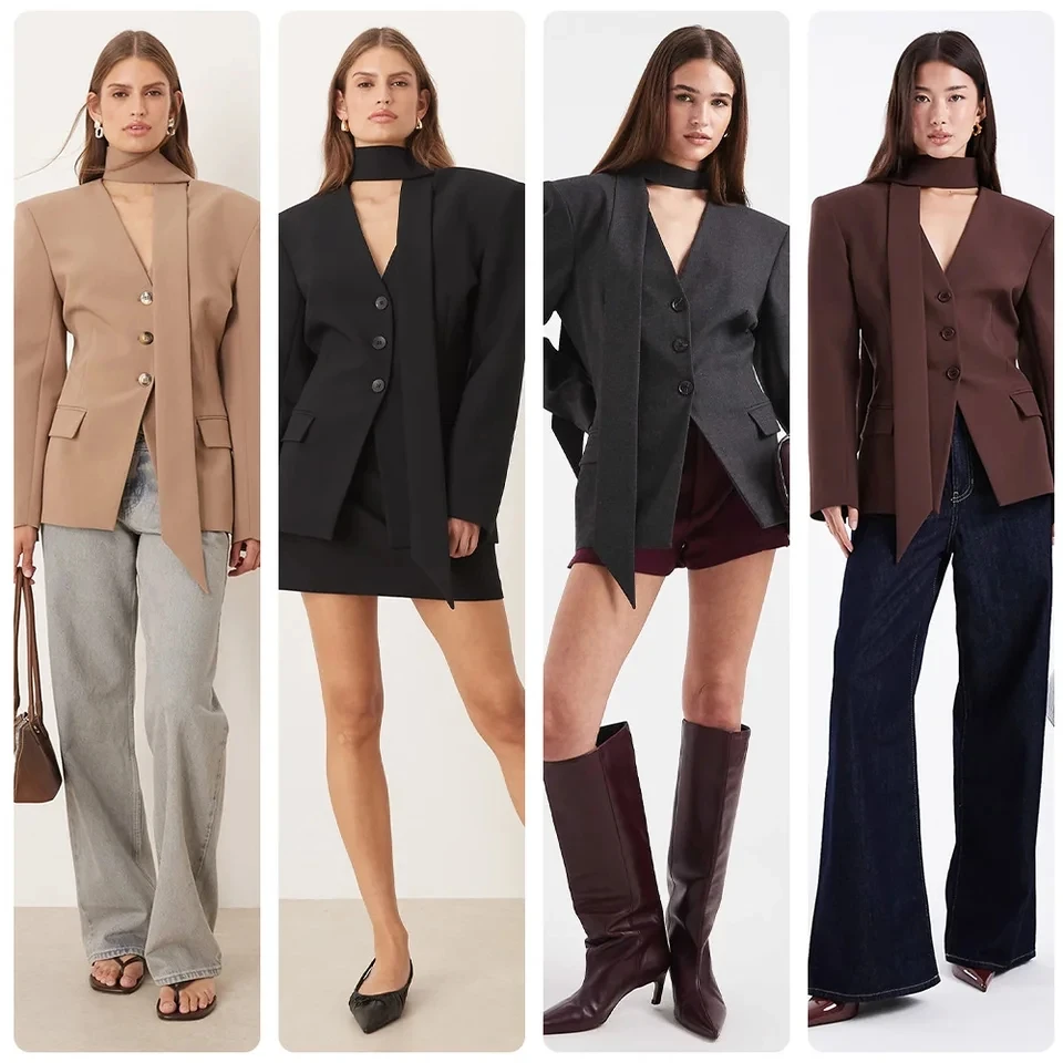 

2026 New Women Design Sense Scarf Sleeve Loose Shoulder Pad Single Breasted High End Commute Suit