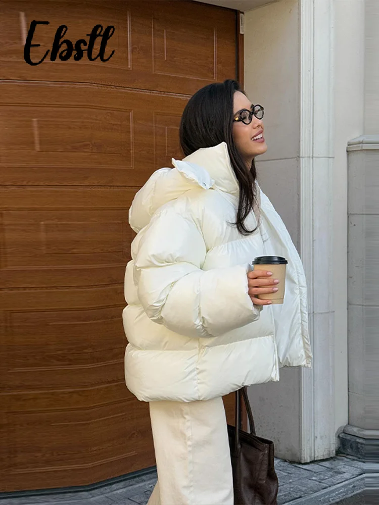 معطف قطني لامع بقلنسوة لامع من High Street للنساء بياقة واقفة وسحاب فضفاض وأكمام طويلة سترة مبطنة لشتاء 2025 ملابس خارجية جديدة