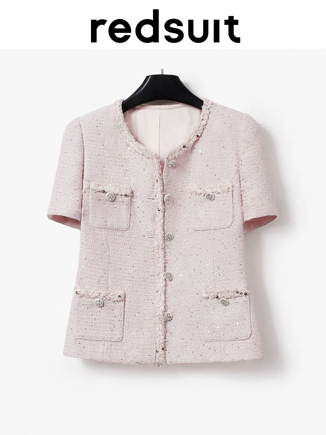 New Pink lightweight tweed short sleeved jacket, fashionable high-end top Custom Sizes