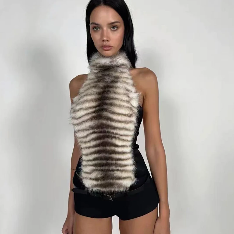 

Gtpdpllt High-End Fur Patchwork Backless Bandage Tank Tops For Woman Vest Top Shoujo Streetwear Clothing Y2k Fall Spring