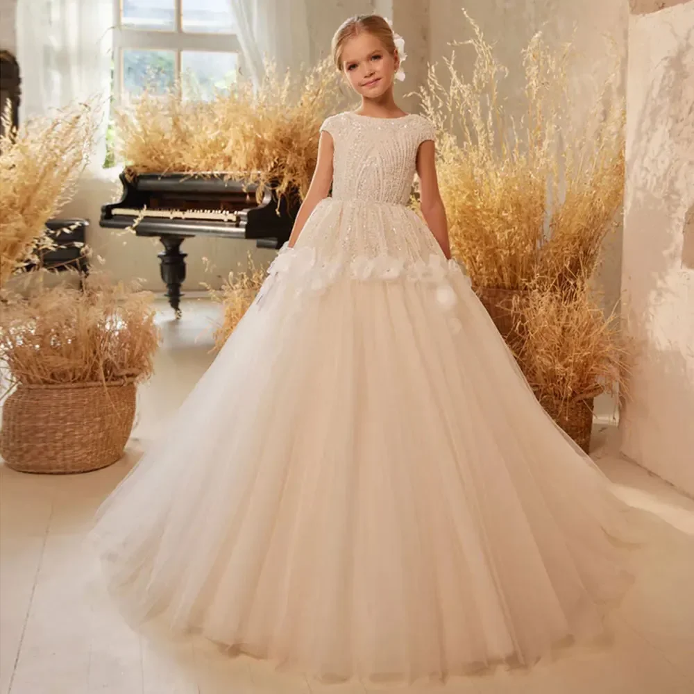 

JDY Custom Luxury Ivory Flower Girl Dress Beaded Elegant Princess Gown for Kids Wedding Birthday First Communion