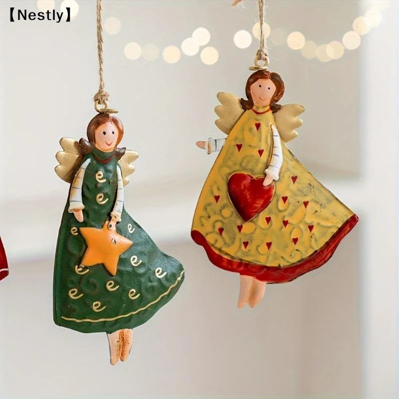 4PCS/Set Vintage Angel Hanging Decor Fantasy Wooden Xmas Tree Hanging Ornament Decor For Home New Year Christmas Decor〔Nest〕