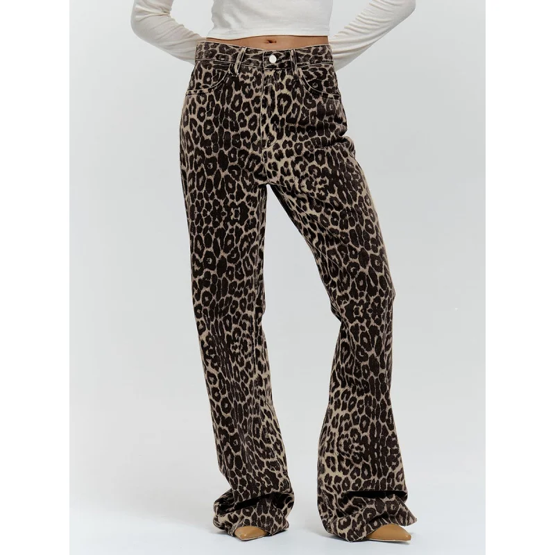 2024 estate retrò Street Style pantaloni larghi a vita bassa con stampa leopardata pantaloni larghi in cotone versatili pantaloni Casual Wome all'ingrosso