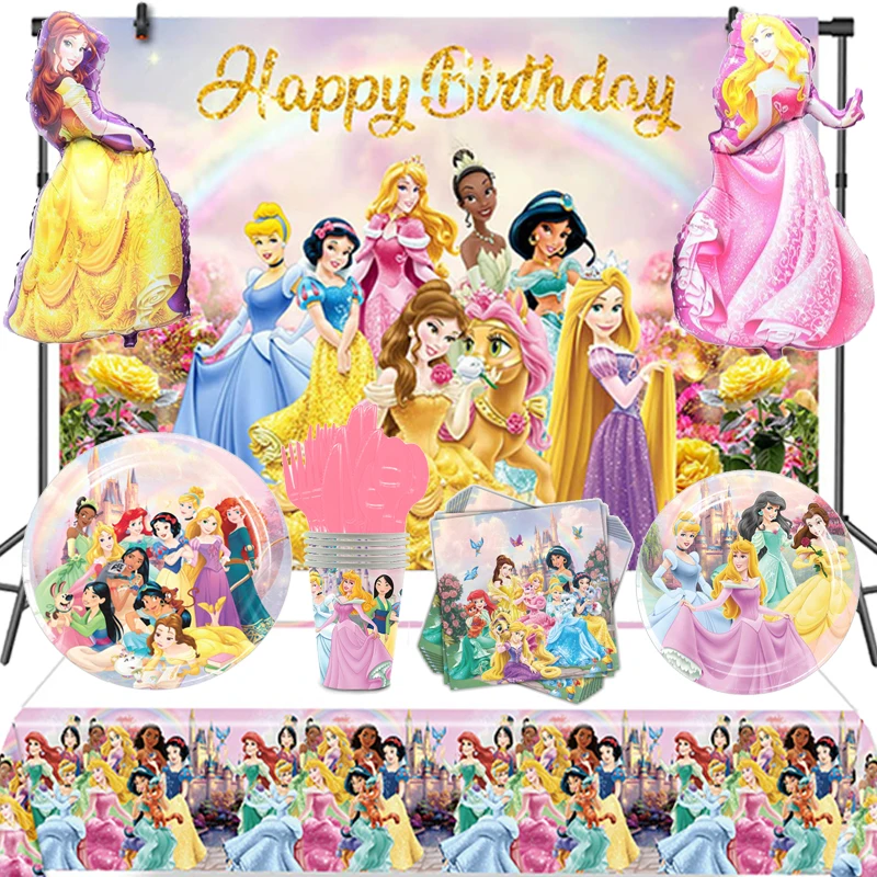 Disney Princess Theme Cartoon Party Disposable Tableware Paper Plates Cups Balloon Toy Girl Birthday Baby Shower Decor Supplies