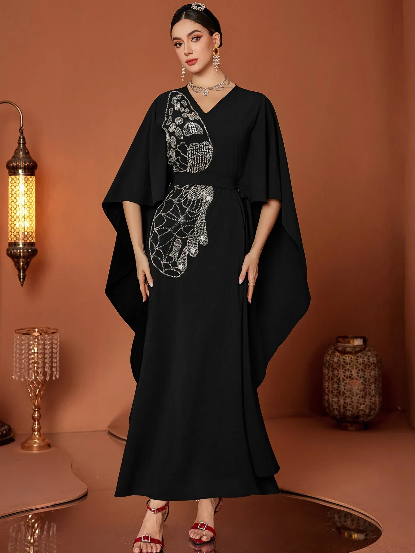 Eid hand-stitched Women Dress Abaya Beads Embroidery Dresses Bat Sleeve Vestidos Largos Party Caftan Jalabiya Ramadan Long Robe