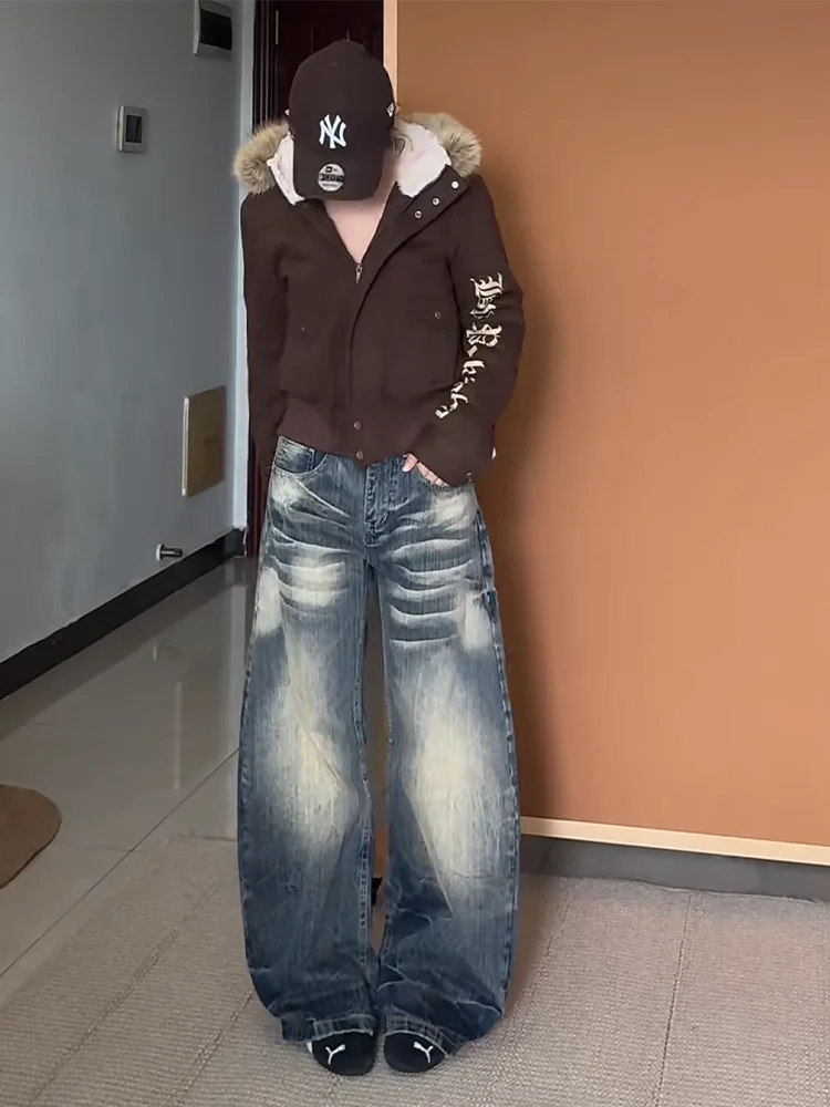 

plus Size American Retro Lightning Pattern Distressed Wide Leg Jeans Women's Washed Slimming Knife Denim Pants