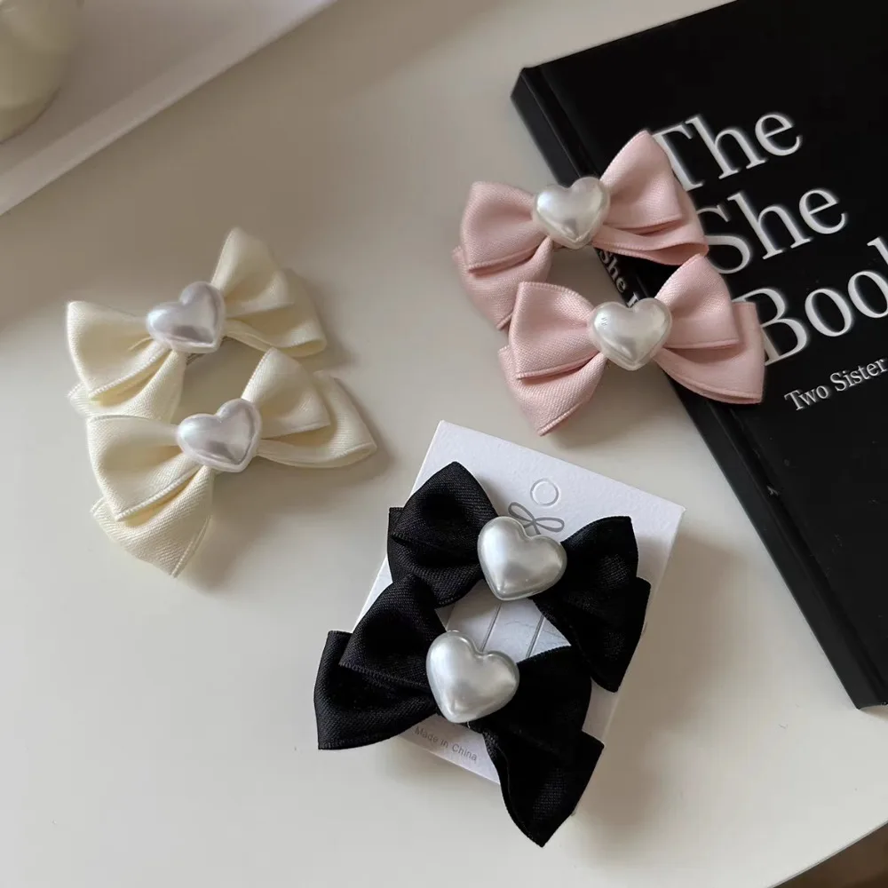 

2pc Cute Simple Retro Bow with Pearl Hairpin Solid Color Vintage Hair Side Clips Accessory for Women Girls