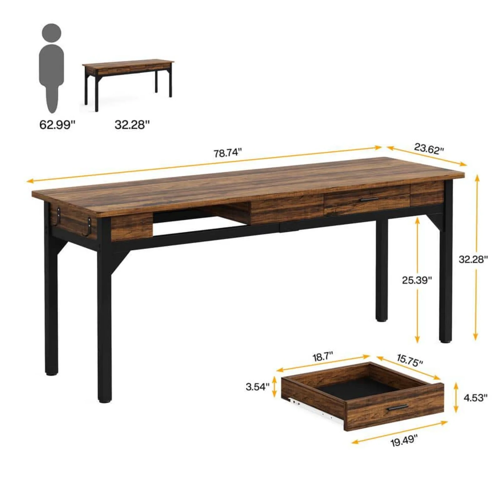 

US 78.7 in. Rectangular Rustic Brown Wood 2 Person Computer Desk with 2-Drawer for Home Office