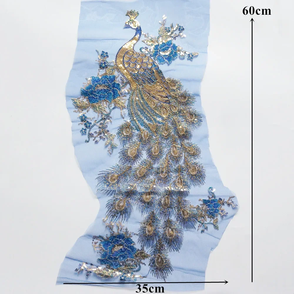 Royal Blue Sequin Embroidery Lace Peacock Applique Lace Fabric Trimming Sewing Patch Wedding Gown Dress DIY Crafts