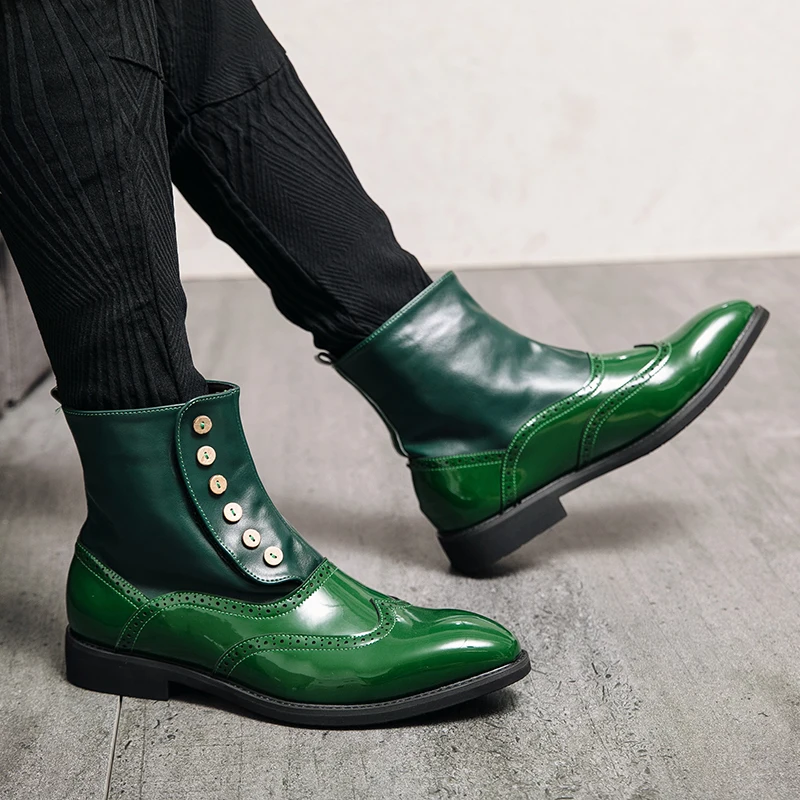 Men Business Ankle Boots Black Green Lacquer Leather Fashion Button Block Boots British Style Chelsea Boots Size 38-46 Men Boots