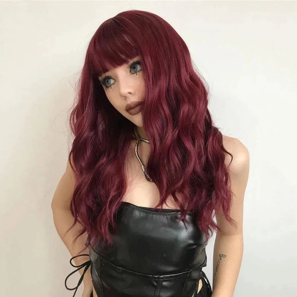 Natural Wave 99J Synthetic Hair Wigs for Women Heat Resistant Friber Bangs Wig Cosplay Burgundy Lace Frontal Wig 180% 24Inch