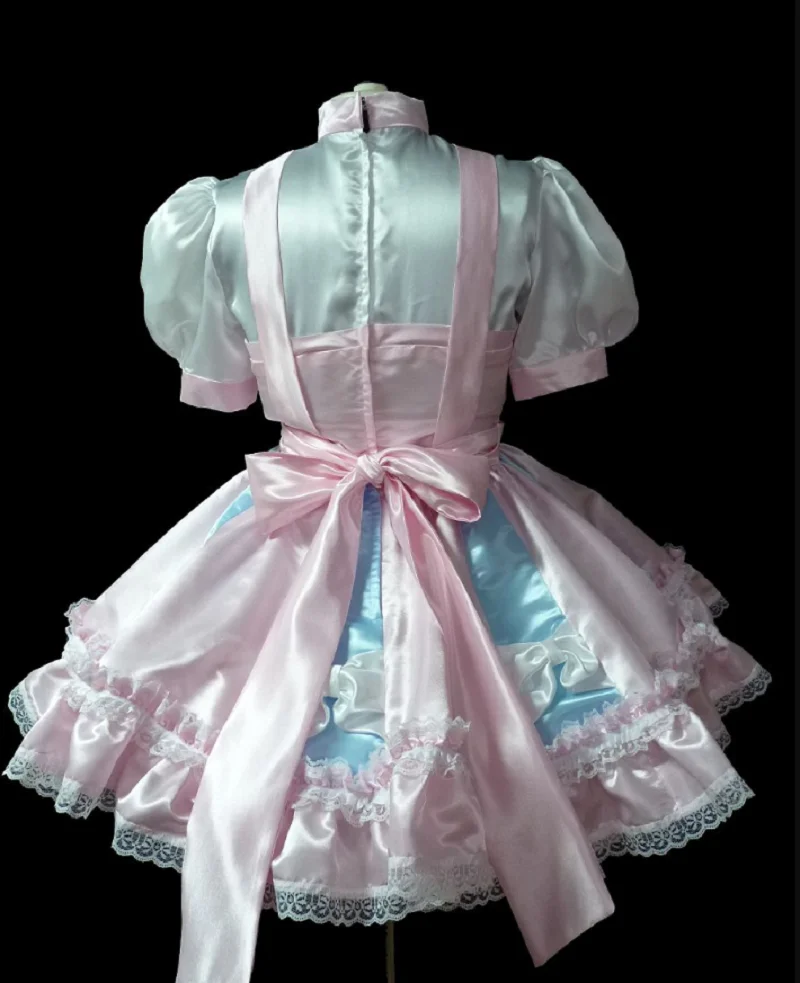 Adult Lockable Sissy Dress Pink Blue Stitching Color Bow High Neck Corset Skirt Lace Cake Skirt Girl Skirt Custom