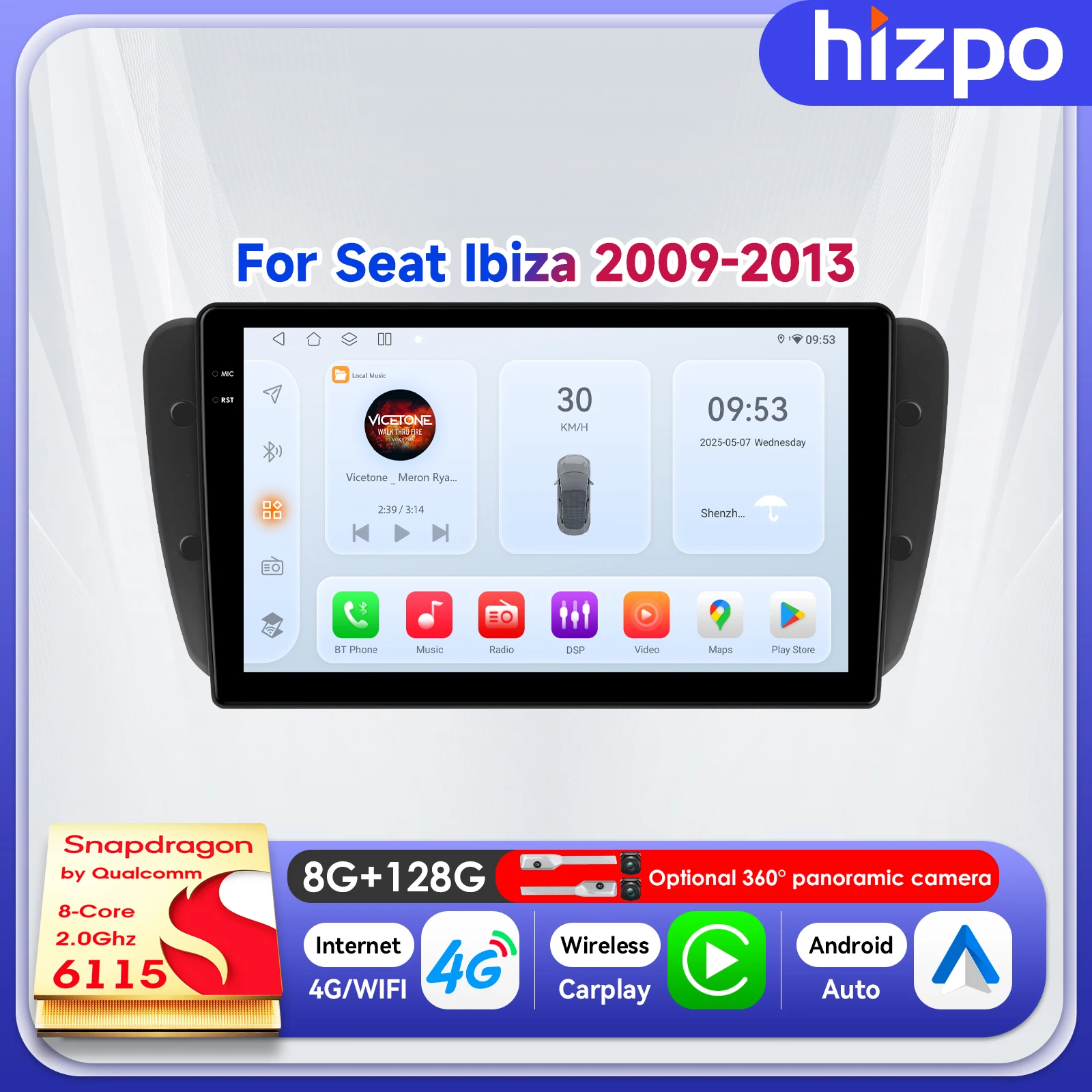 

Автомагнитола Hizpo 9 дюймов с Carplay и Android 14 (6115) для Seat Ibiza MK4 2009-2013, мультимедийный видеоплеер, GPS, 4G, беспроводной экран
