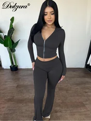 Dulzura Solid Casual Sports 2 Piece Pants Set Long Sleeves Zipper Hoodie And Flare Pants Matching Set Streetwear Autumn Winter