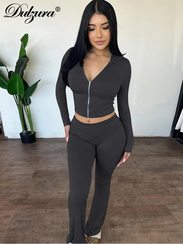 Dulzura Solid Casual Sports 2 Piece Pants Set Long Sleeves Zipper Hoodie And Flare Pants Matching Set Streetwear Autumn Winter