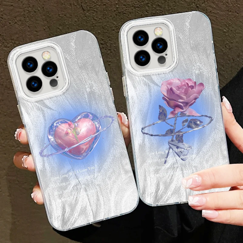 Rose Love Metal Art For iPhone 15 14 13 12 11 XS X XR 8 7 Pro Max Plus Feather Yarn Soft Phone Case