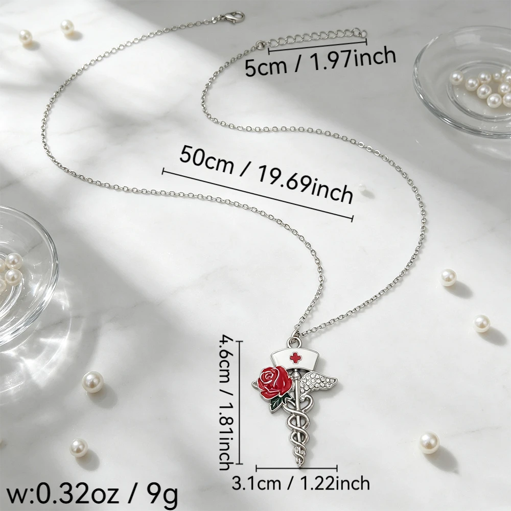 Medical Theme Rose Double Snake Staff Necklace, Nurse Cap Angel Wings Enamel Pendant Clavicle Chain, Nurse Commemorative Gift