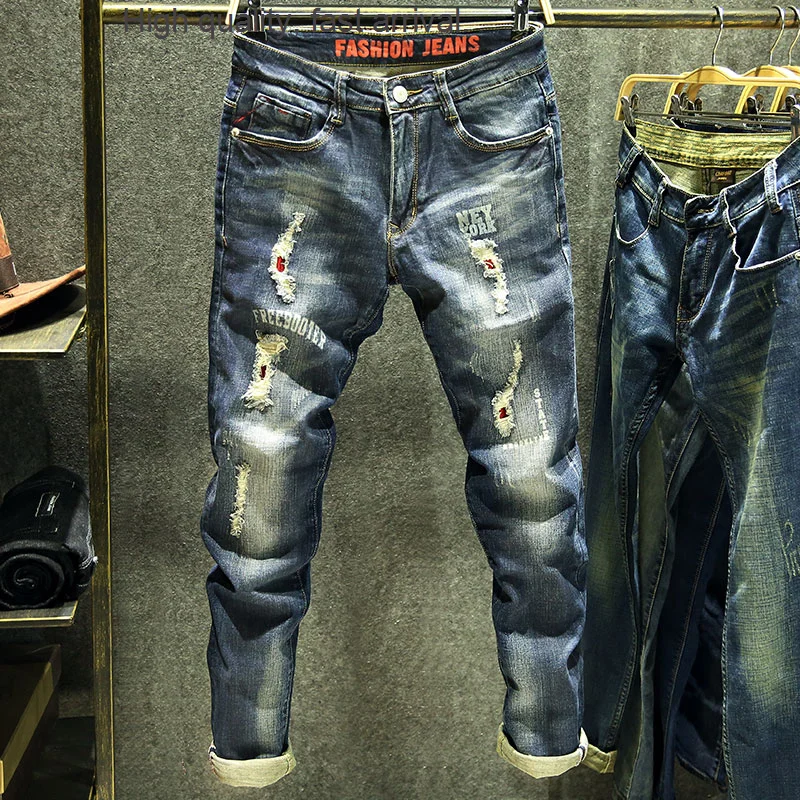 

Retro Fashion Brand Distressed Beggar Ripped Jeans Men's Korean-Style Fashionable Stretch Slim Fit Skinny Pants Straight Long