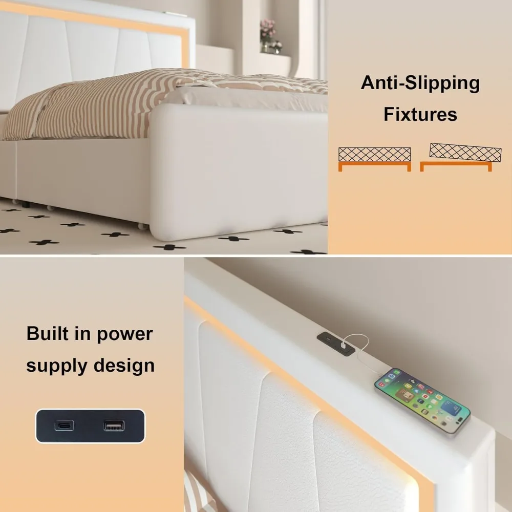 Estrutura de cama queen com 4 gavetas de armazenamento e cabeceira ajustável, cama LED com plataforma estofada com portas tipo C e USB, madeira maciça